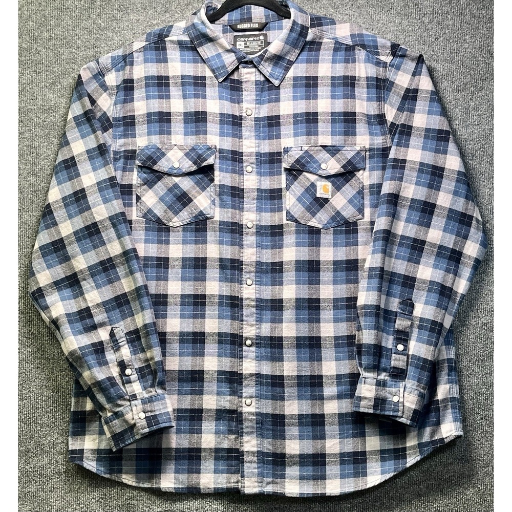 Carhartt 104914-126 Rugged Flex Pearl Snap Flannel Shirt Mens 2XL Blue Plaid